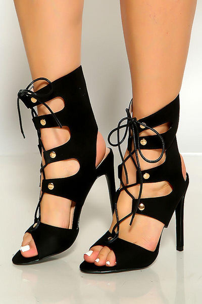 Black Peep Toe Lace Cut Out Detail High Heels - AMIClubwear