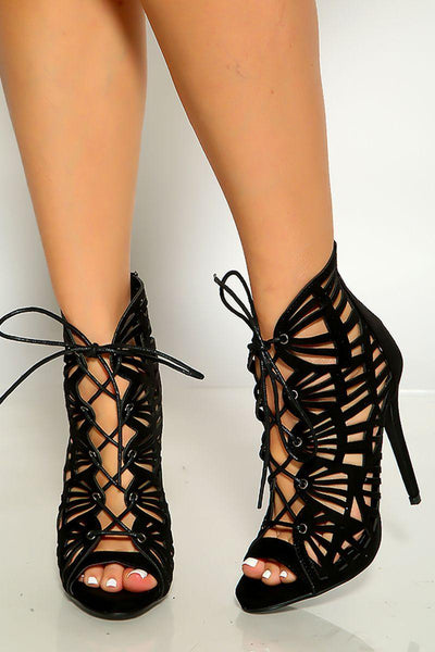 Black Peep Toe Lace Up Cut Out Detail High Heels - AMIClubwear