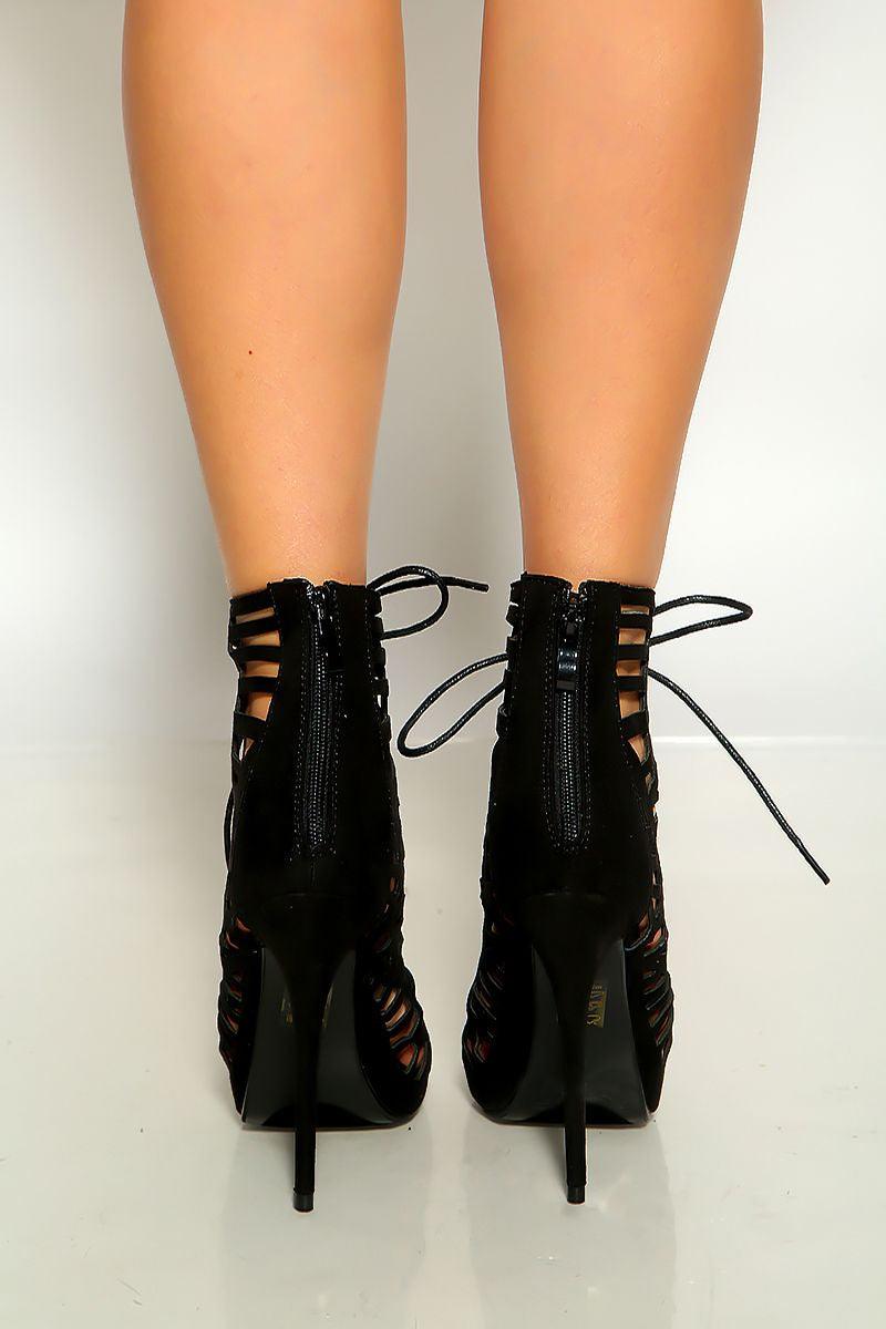 Black Peep Toe Lace Up Cut Out Detail High Heels - AMIClubwear