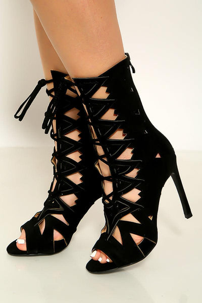 Black Peep Toe Lace Up Cut Out Detail Single Sole High Heels - AMIClubwear