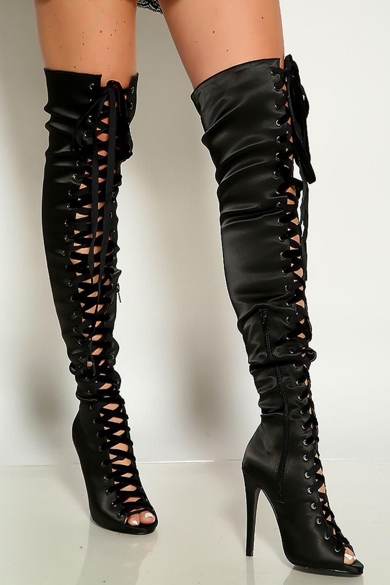 Black Peep Toe  Lace Up Satin Thigh High Single Sole High Heel Boots - AMIClubwear