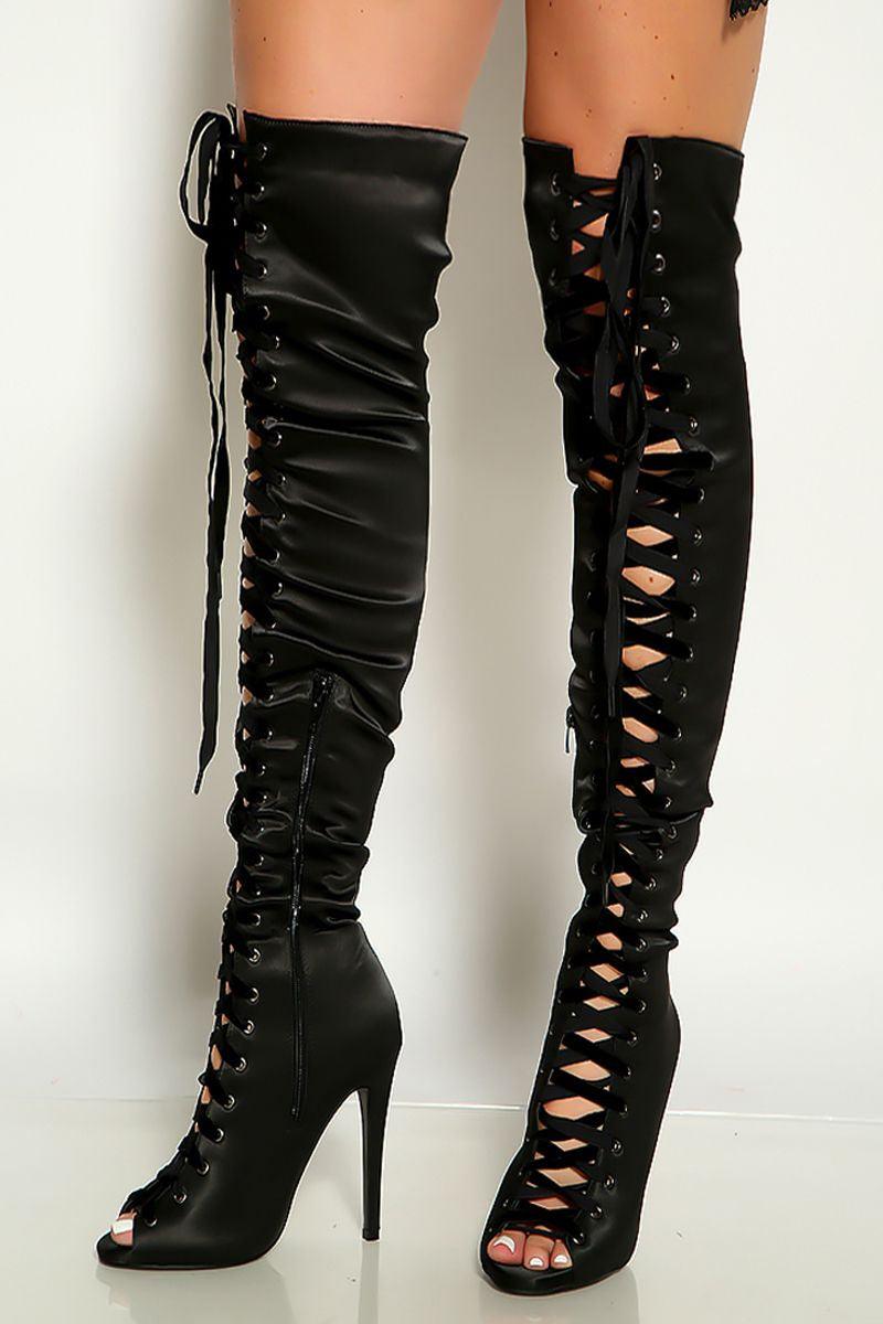 Black Peep Toe  Lace Up Satin Thigh High Single Sole High Heel Boots - AMIClubwear