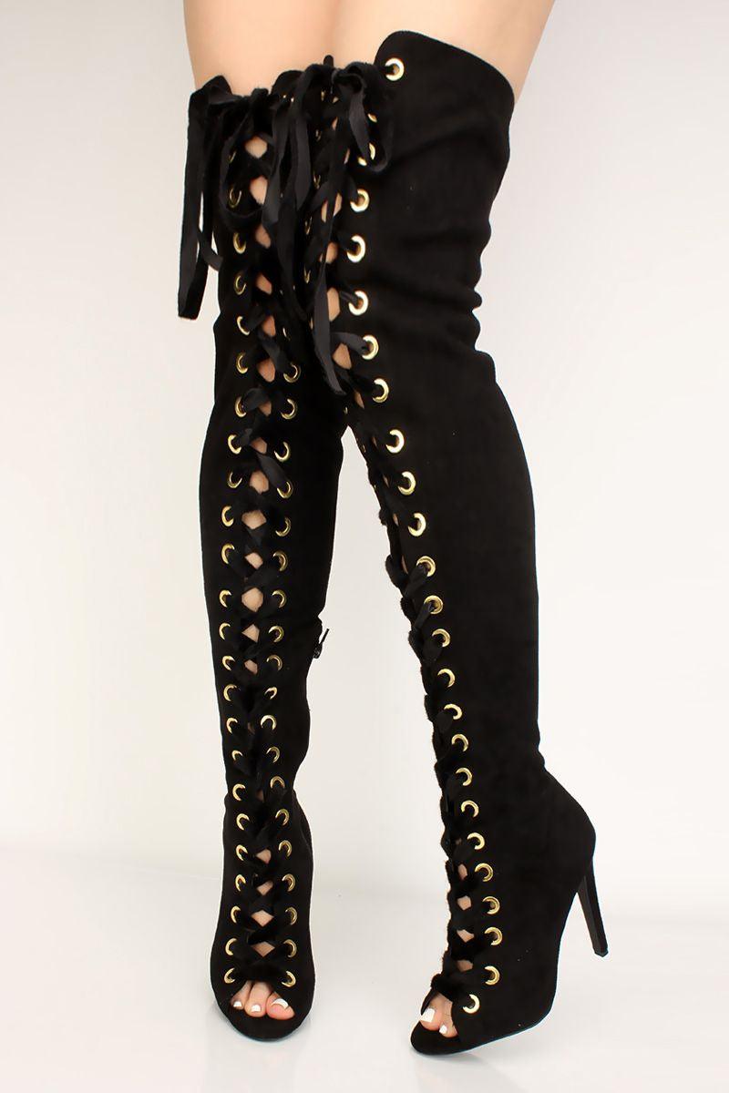 Black Peep Toe Lace Up Thigh High Heel Boots - AMIClubwear