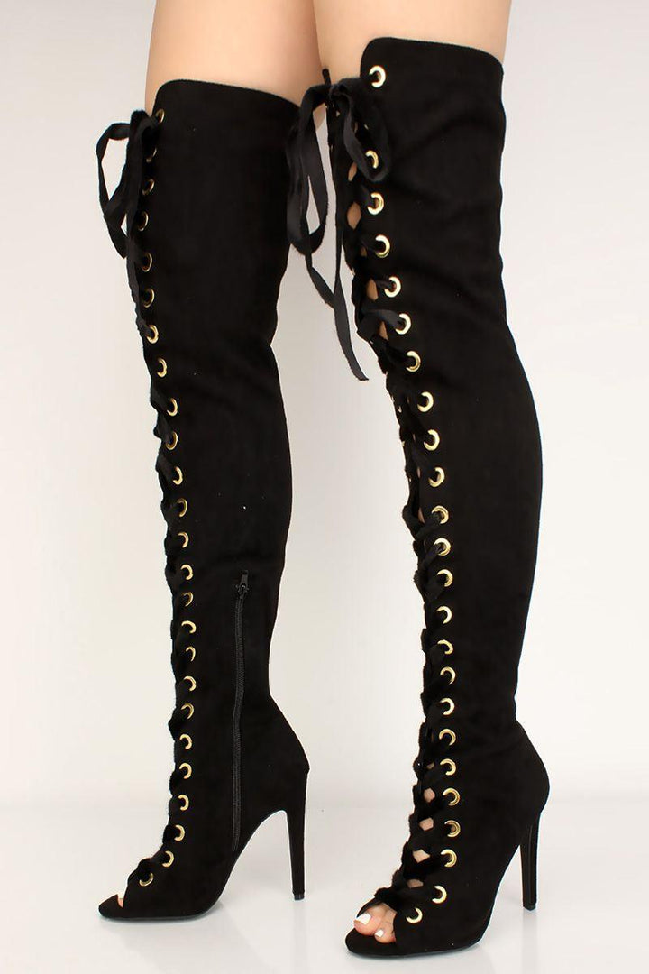 Black peep toe thigh high boots hotsell