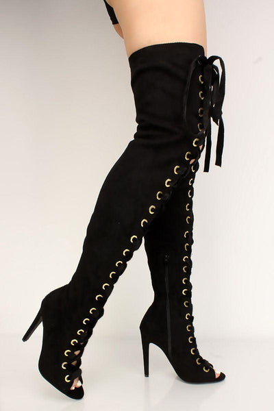 Black Peep Toe Lace Up Thigh High Heel Boots - AMIClubwear