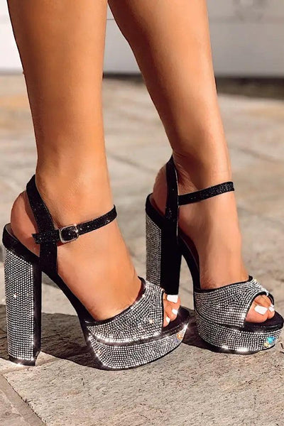 Black Peep Toe Rhinestone Chunky High Heels - AMIClubwear