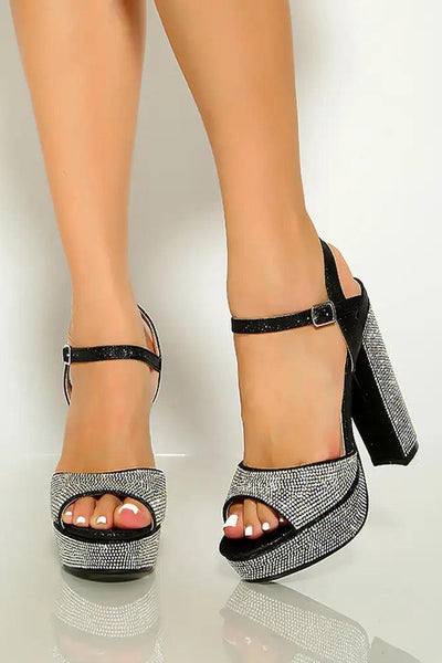 Black Peep Toe Rhinestone Chunky High Heels - AMIClubwear