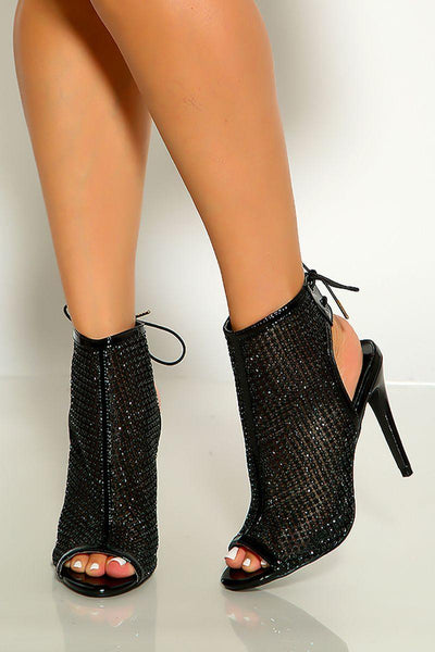 Black Peep Toe Rhinestone Detail Cut Out High Heel Booties - AMIClubwear