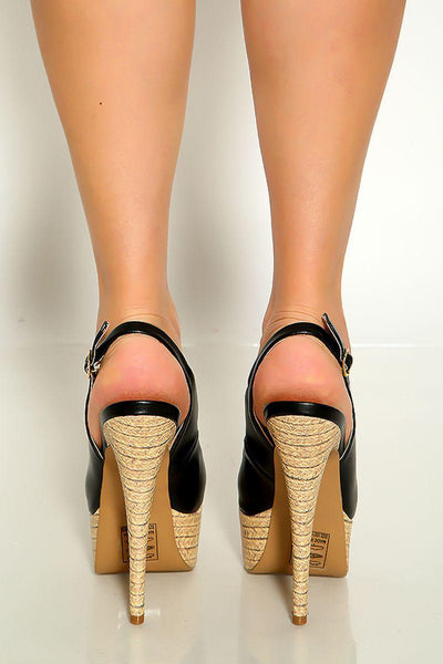 Black Peep Toe Sling Back Platform High Heels Faux Leather - AMIClubwear