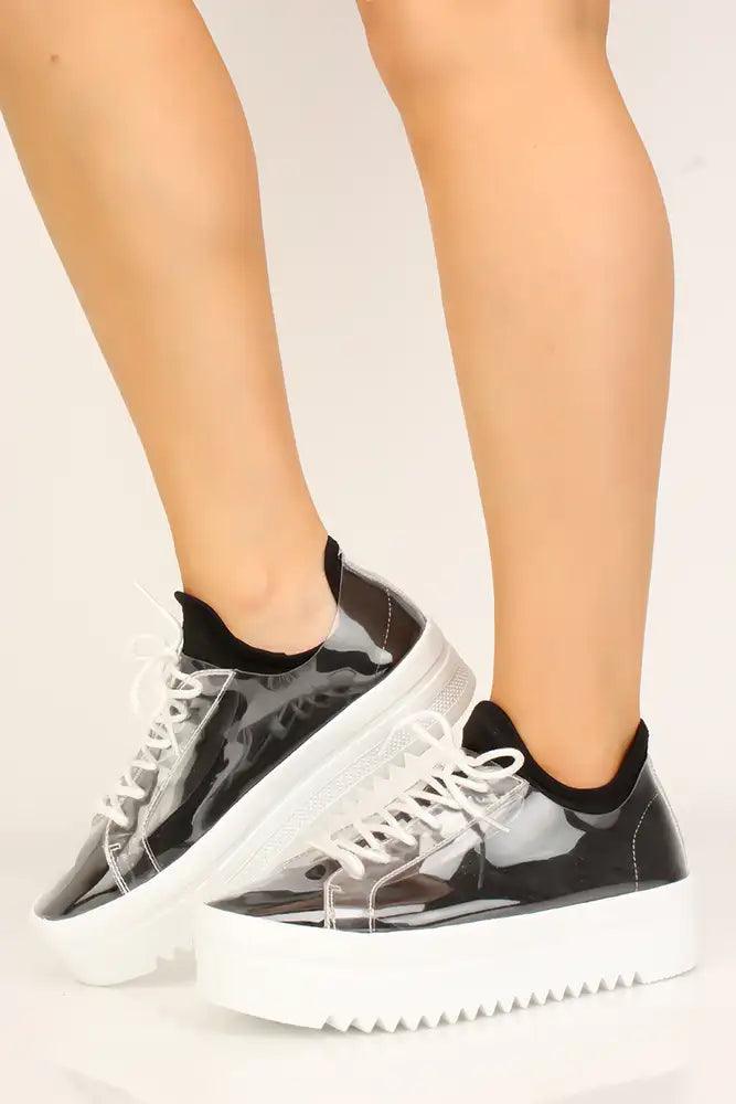 Black Perforated Clear Detail Platform Sneakers - AMIClubwear