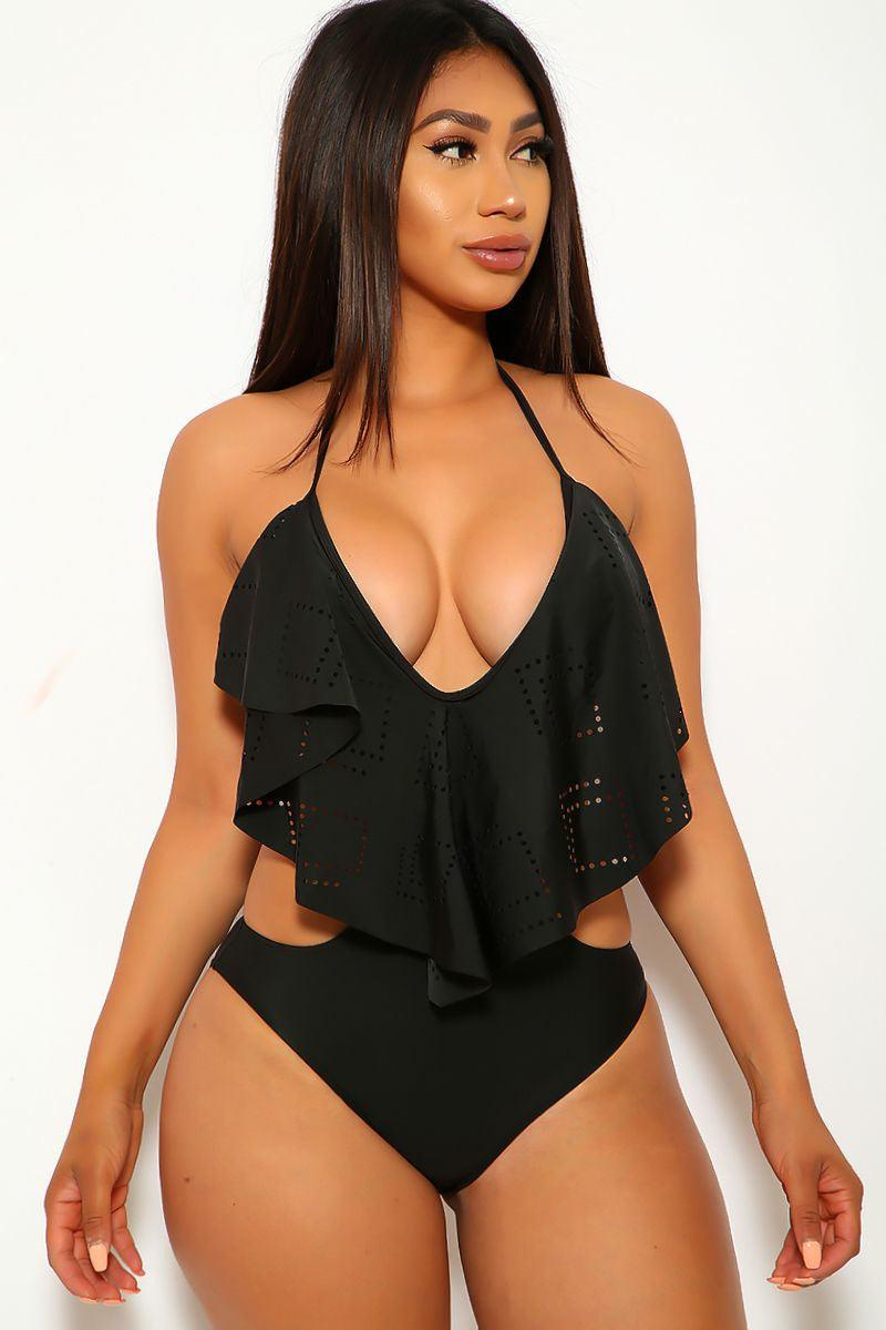 Black Perforated Ruffled Overlay One Piece Swimsuit - AMIClubwear