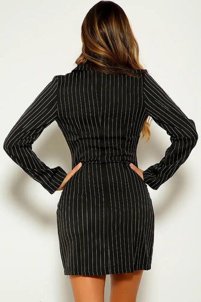 Black Pin Stripe Long Sleeve Button Dress - AMIClubwear