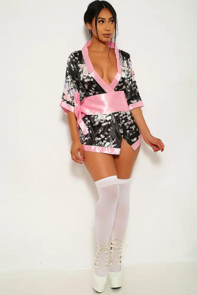 Black Pink Floral Print Traditional Japanese Kimono 3pc Sexy Costume - AMIClubwear