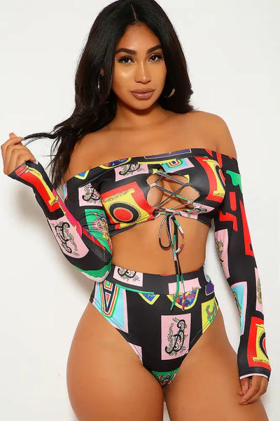 Black Pink Graphic Print Two Piece Swimsuit - AMIClubwear