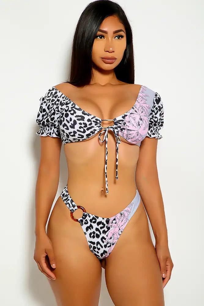 Black Pink Leopard Print Two Piece Swimsuit - AMIClubwear