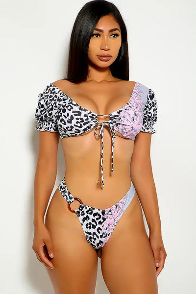 Black Pink Leopard Print Two Piece Swimsuit - AMIClubwear