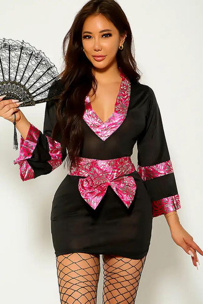 Black Pink Sexy Kimono 3 Piece Costume - AMIClubwear