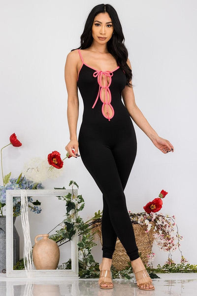 Black Pink Spaghetti Strap Jumpsuit - AMIClubwear