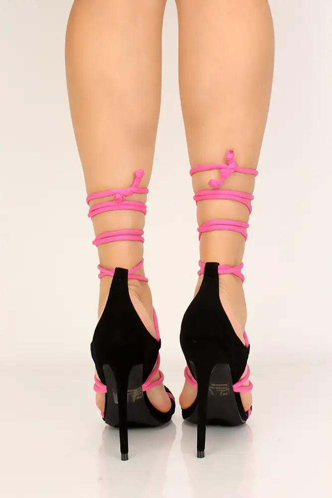 Black Pink Strappy Lace Up High Heels - AMIClubwear