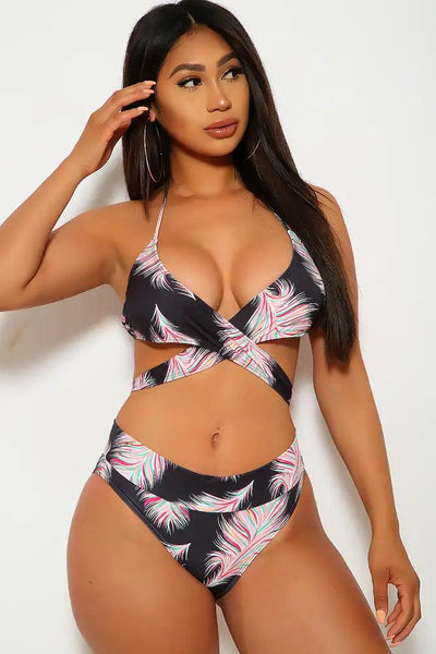 Black Pink Strappy Two Piece Swimsuit - AMIClubwear