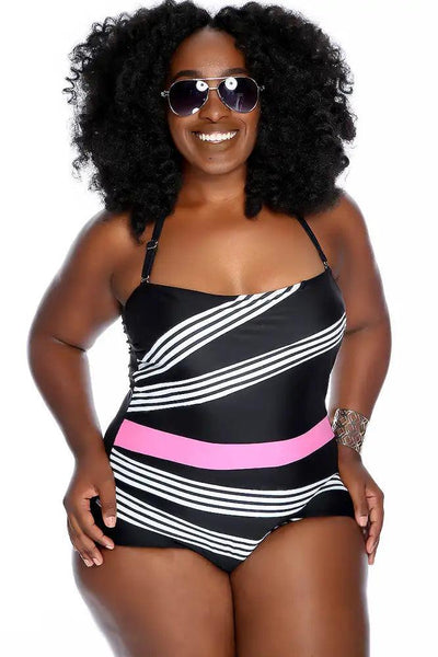 Black Pink Striped Print Modest One Piece Swimsuit Plus - AMIClubwear