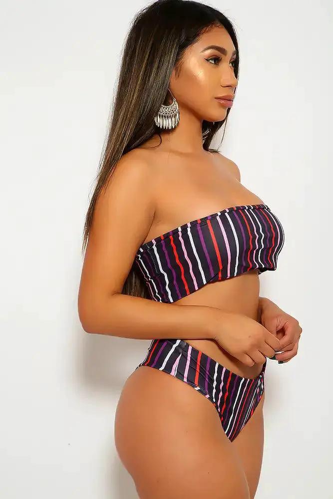 Black Pink Striped Two Piece Swimsuit