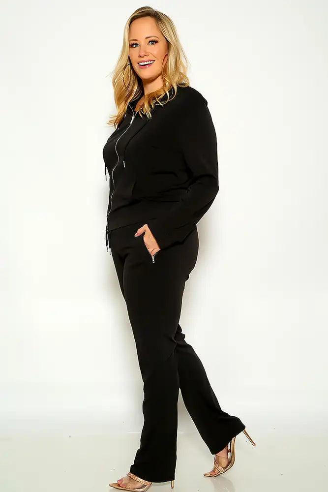 Black Plus Size Long Sleeve Front Zipper Two Piece Lounge Wear Outfit - AMIClubwear