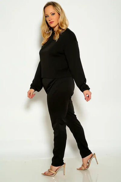 Black Plus Size Long Sleeve Mock Neck Lounge Wear Two Piece Outfit - AMIClubwear
