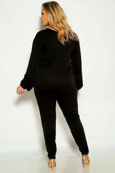 Black Plus Size Long Sleeve Mock Neck Lounge Wear Two Piece Outfit - AMIClubwear