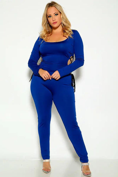 Black Plus Size Long Sleeve Side Lace Up Stretchy Jumpsuit - AMIClubwear