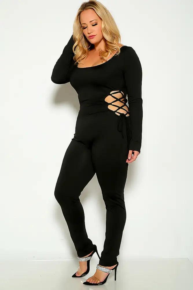 Black Plus Size Long Sleeve Side Lace Up Stretchy Jumpsuit - AMIClubwear