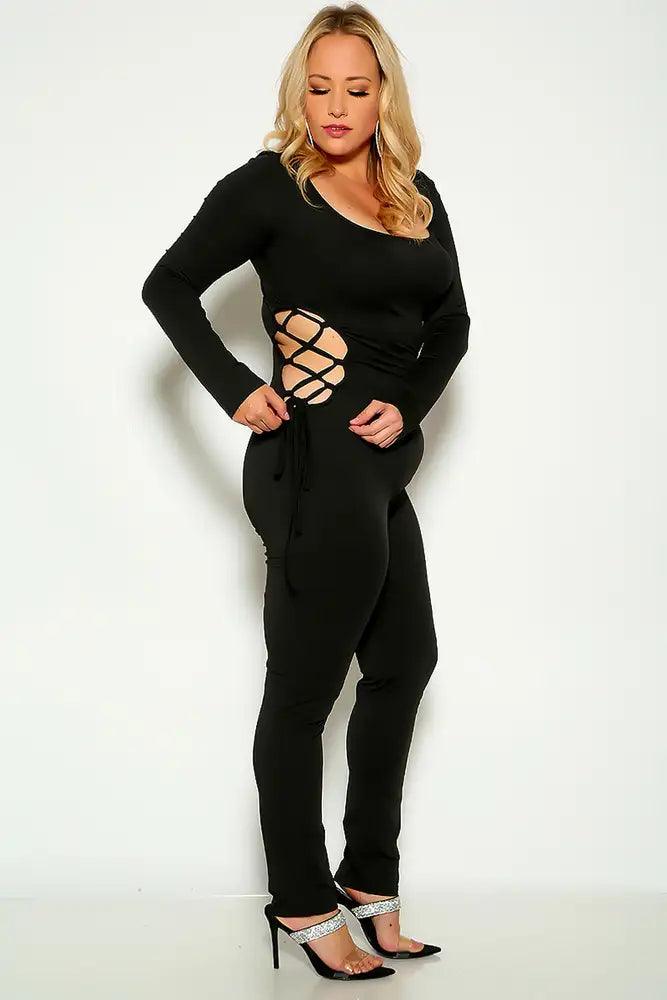 Black Plus Size Long Sleeve Side Lace Up Stretchy Jumpsuit - AMIClubwear