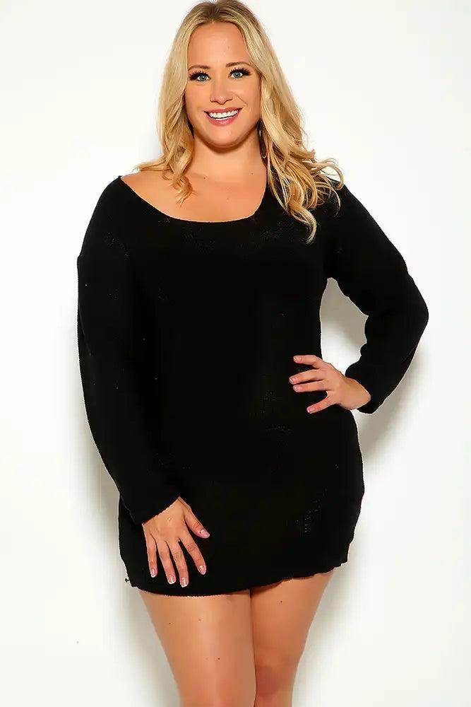 Black Plus Size Puff Sleeve Knitted Dress - AMIClubwear