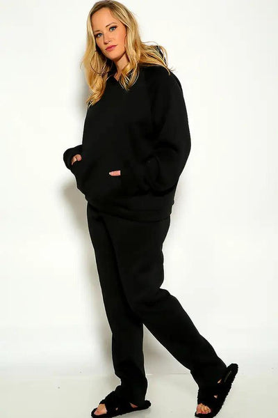 Black Plus Size Thick Material Long Sleeve Cozy Hooded Lounge Wear Two Piece Outfit - AMIClubwear