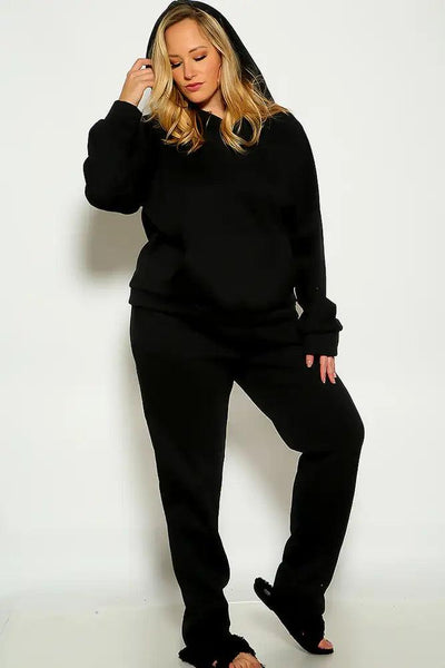 Black Plus Size Thick Material Long Sleeve Cozy Hooded Lounge Wear Two Piece Outfit - AMIClubwear