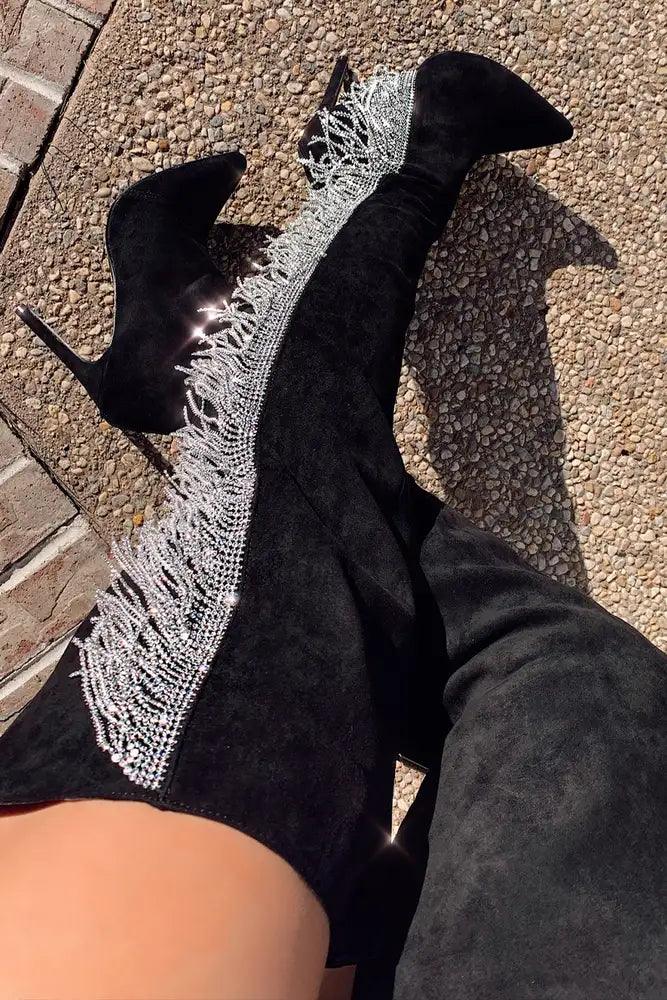 Black Pointy Rhinestone Fringe High Heel Thigh Boot - AMIClubwear