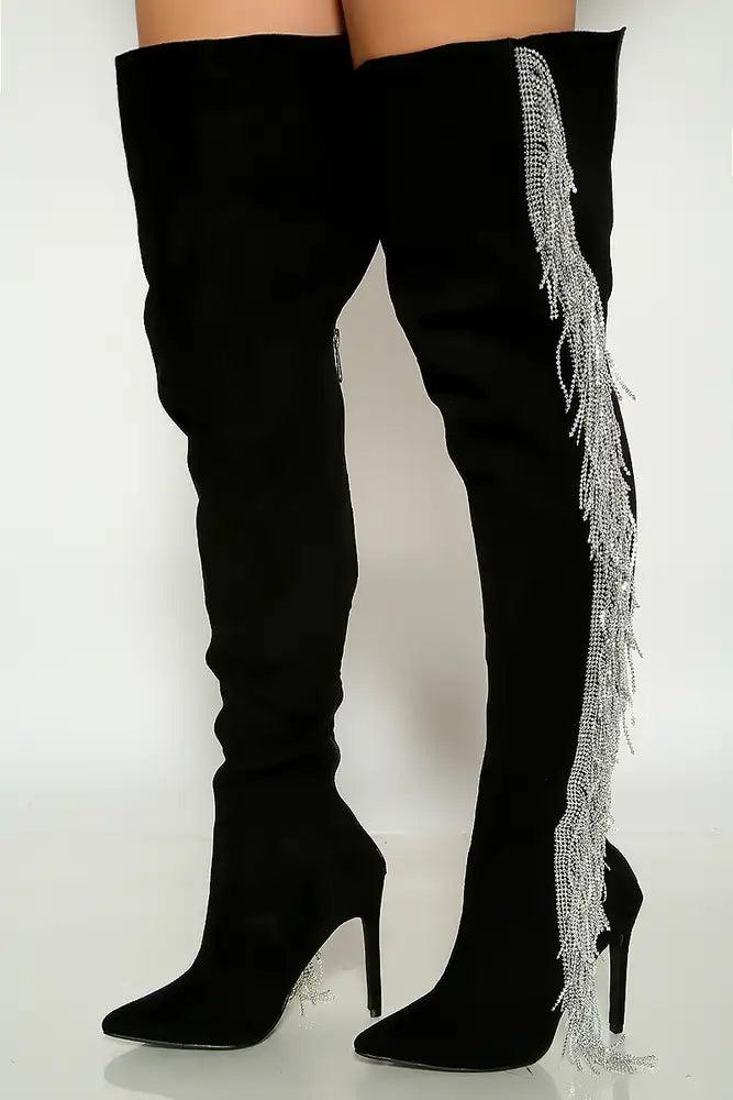 Black Pointy Rhinestone Fringe High Heel Thigh Boot - AMIClubwear