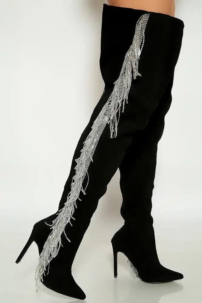 Black Pointy Rhinestone Fringe High Heel Thigh Boot - AMIClubwear