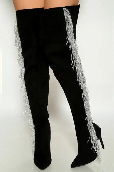 Black Pointy Rhinestone Fringe High Heel Thigh Boot - AMIClubwear