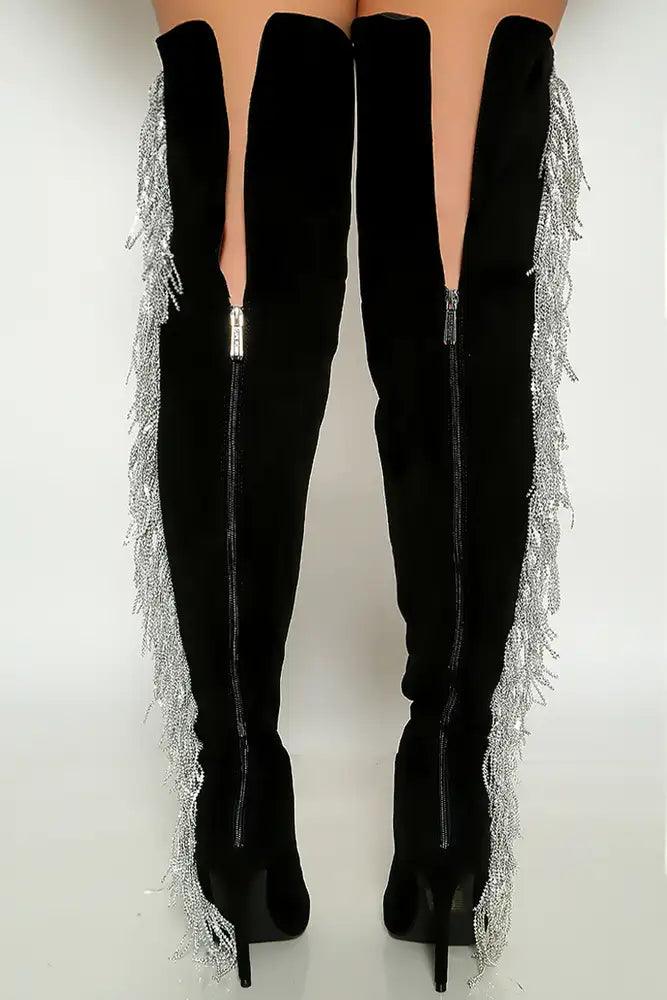 Black Pointy Rhinestone Fringe High Heel Thigh Boot - AMIClubwear