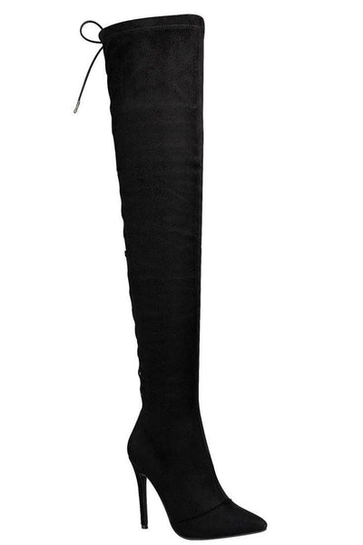 Black Pointy Toe Back Lace Up Thigh High Heel Boots - AMIClubwear