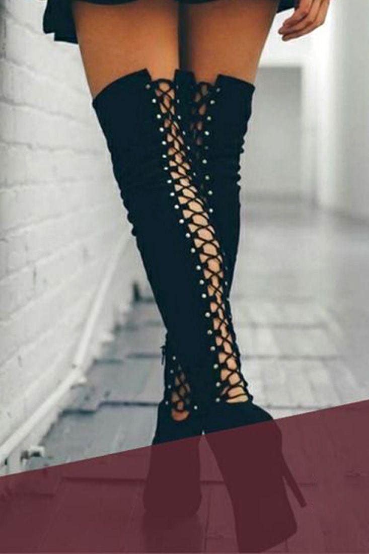 Black Pointy Toe Back Lace Up Thigh High Heel Boots - AMIClubwear