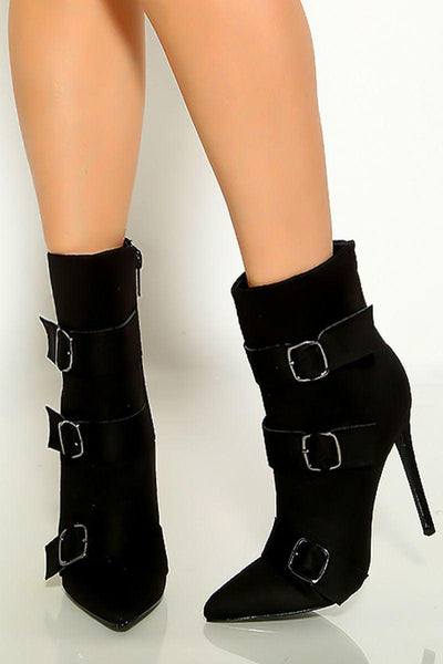 Black Pointy Toe Buckle Faux Suede Booties - AMIClubwear