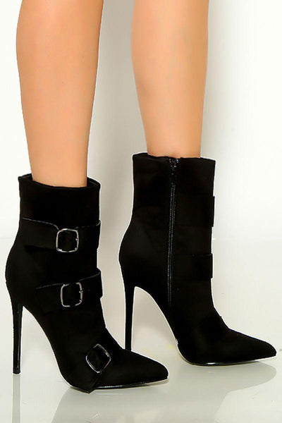 Black Pointy Toe Buckle Faux Suede Booties - AMIClubwear