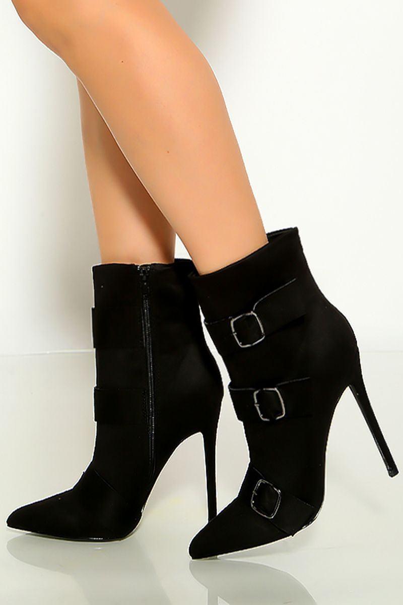 Black Pointy Toe Buckle Faux Suede Booties - AMIClubwear