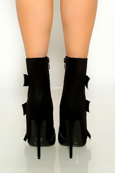 Black Pointy Toe Buckle Faux Suede Booties - AMIClubwear