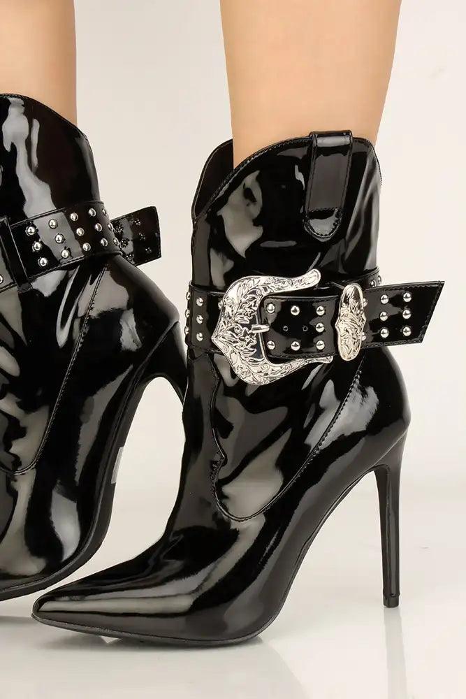 Black Pointy Toe Buckle Studded Booties - AMIClubwear