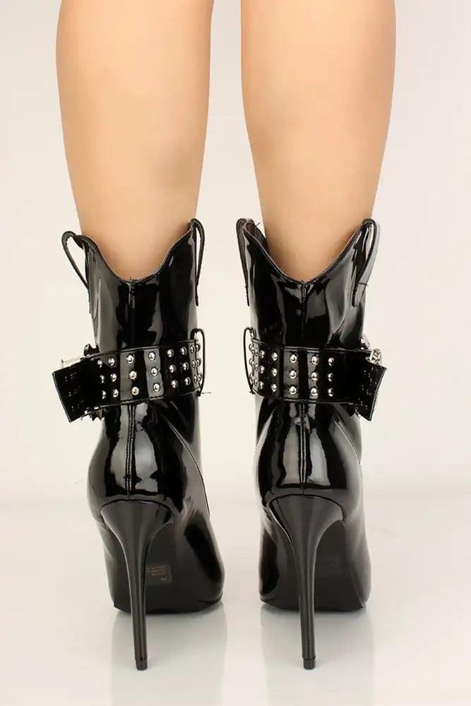 Black Pointy Toe Buckle Studded Booties - AMIClubwear