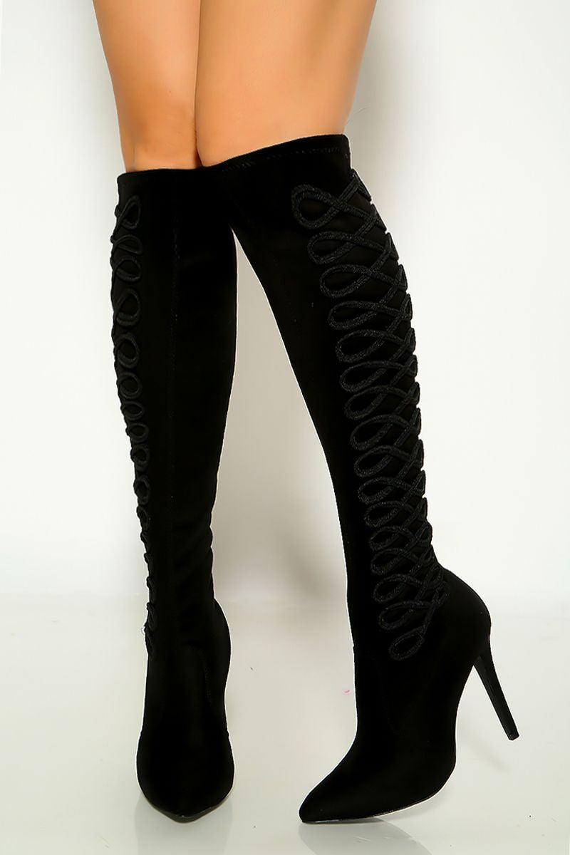 Black Pointy Toe Embroidered Detail Knee High Boots - AMIClubwear