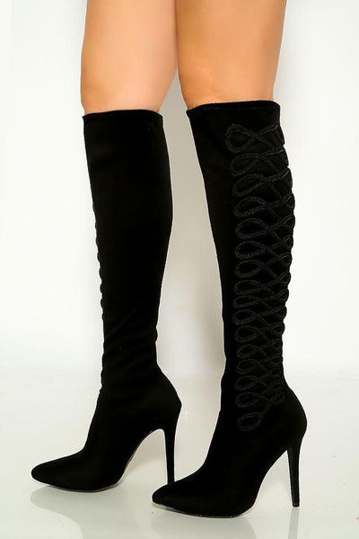 Black Pointy Toe Embroidered Detail Knee High Boots - AMIClubwear